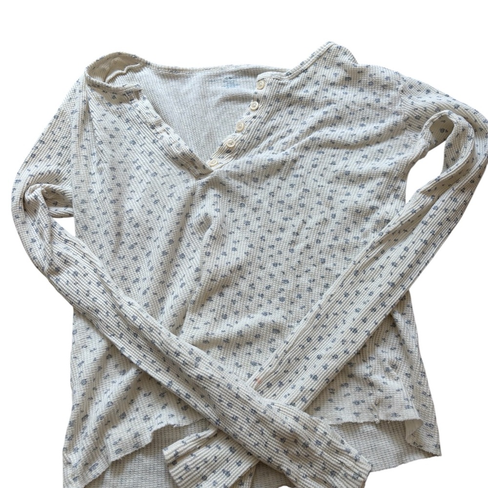 Brandy MelvilleCream and Blue Patterned Henley Top